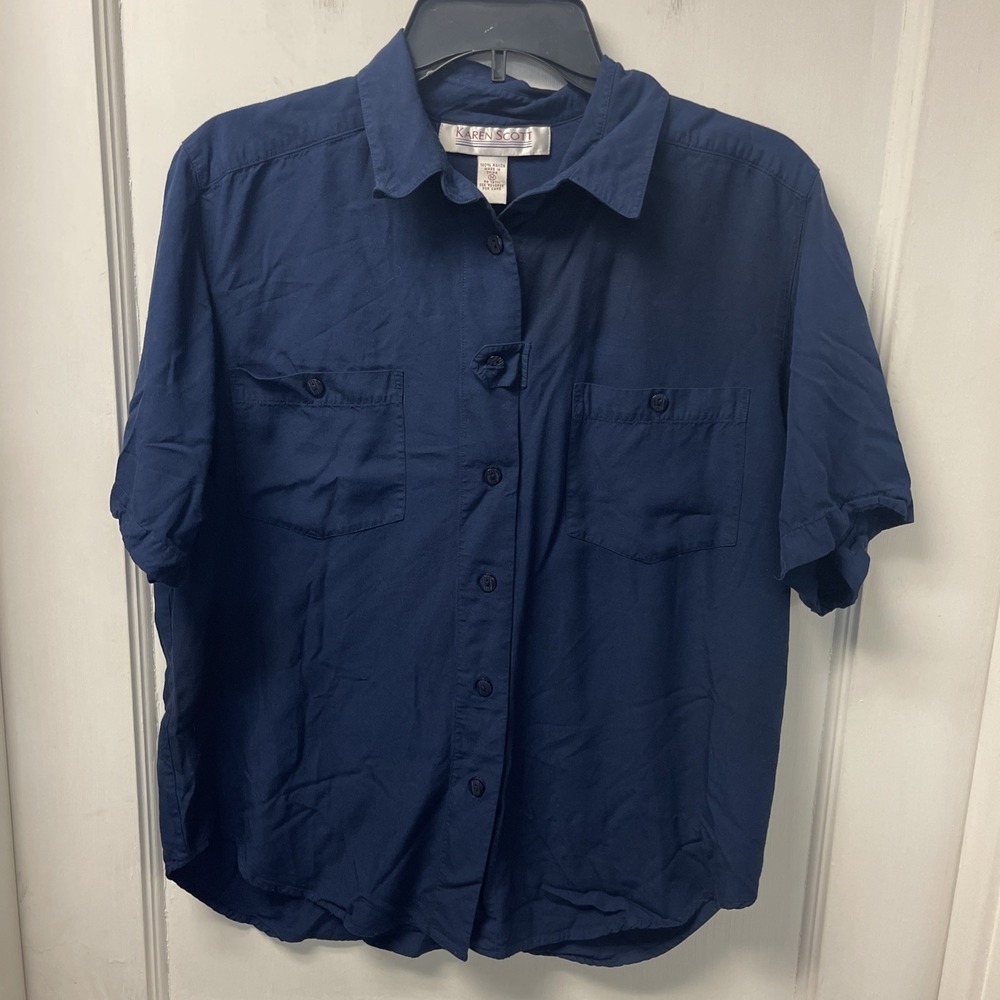 Karen Scott Women's Navy Blue Button Up Short Sleeves 100% Rayon Medium